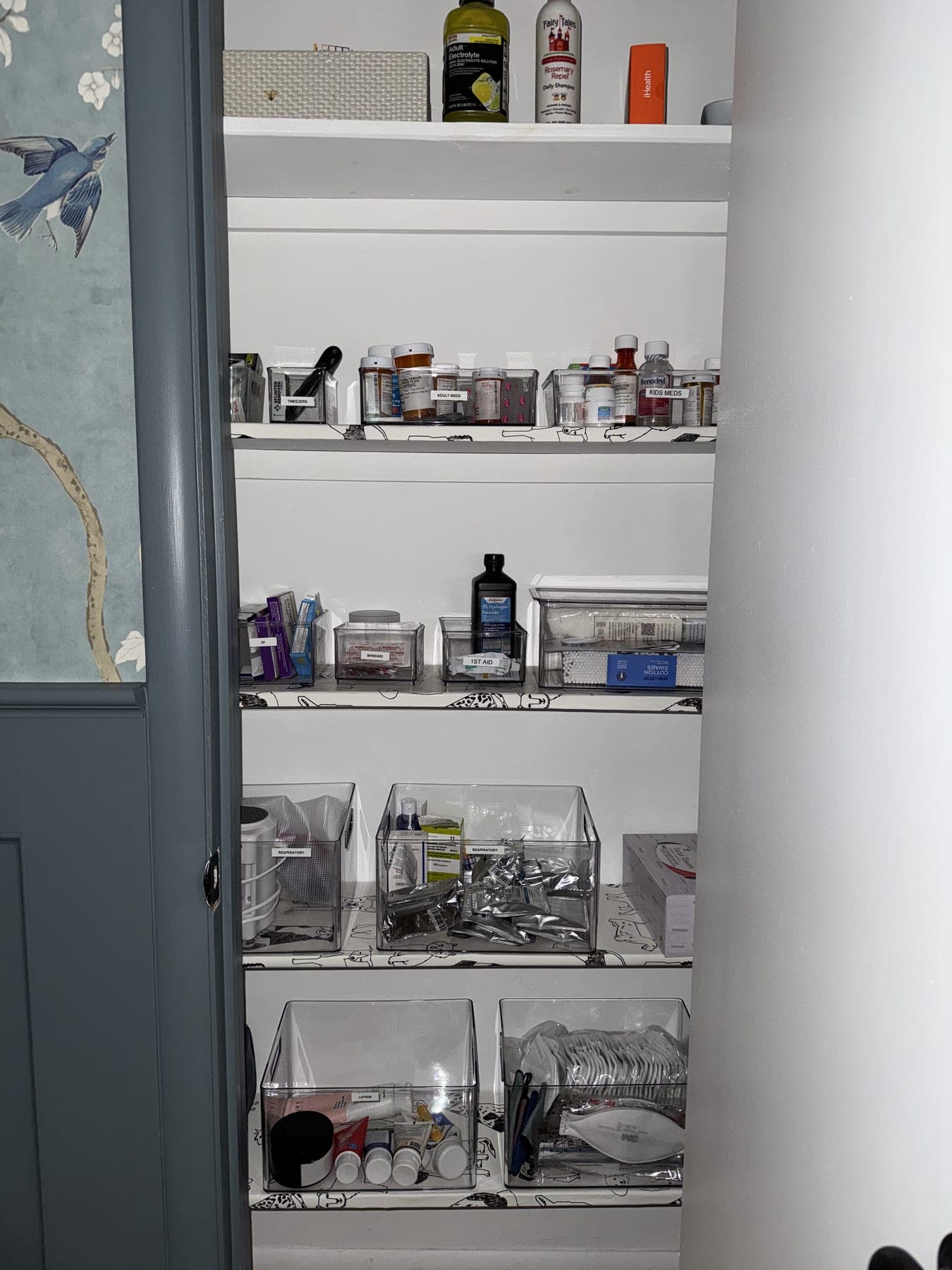 Medicine closet with clear labeled bins and sorted categories after an IZEN session