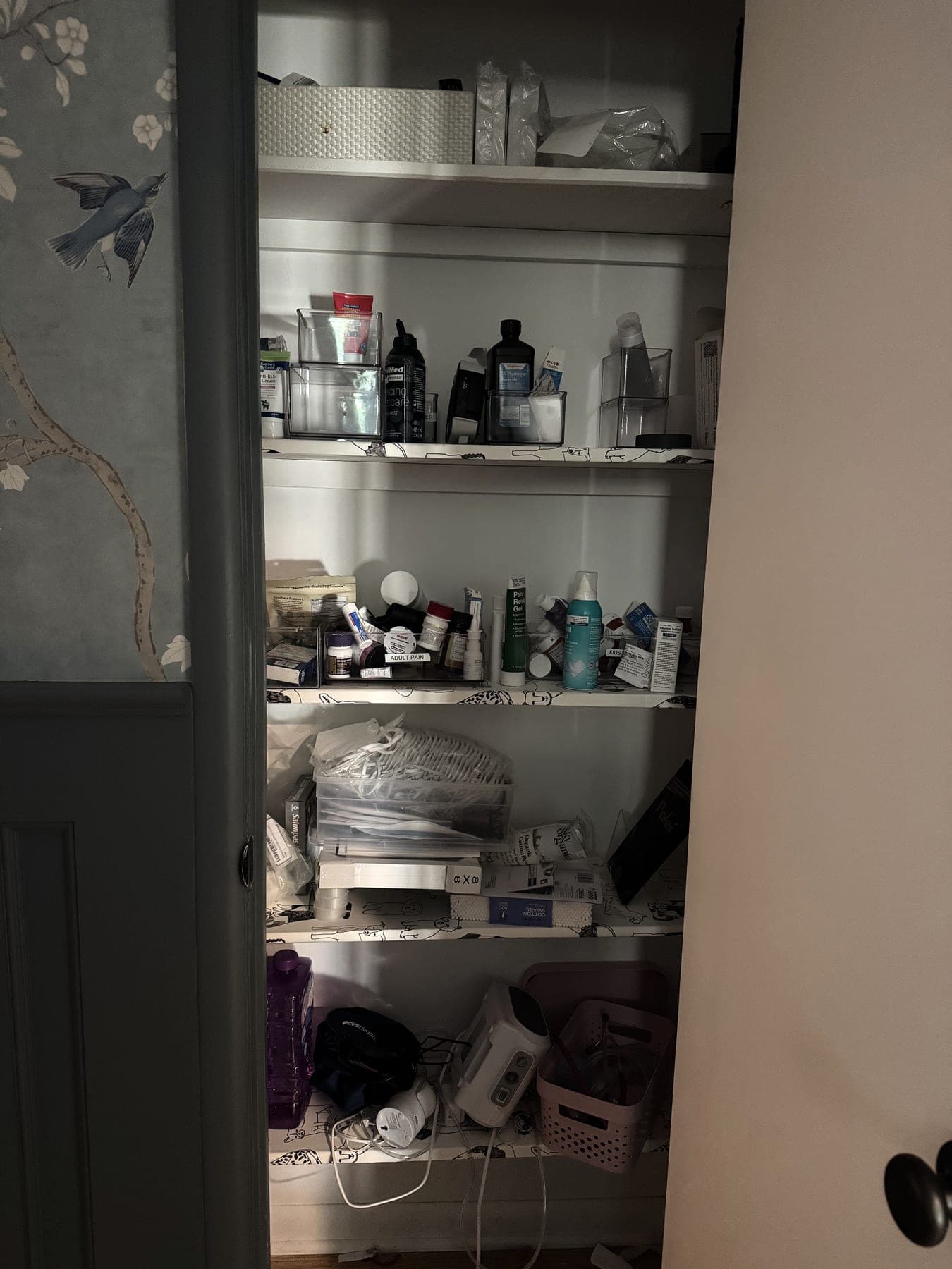 Medicine closet shelves crowded with mixed products before organization